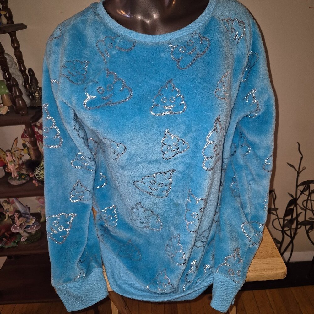 Justice Blue Fleece Sweatshirt with silver poop emoji.  Size 20 Plus.